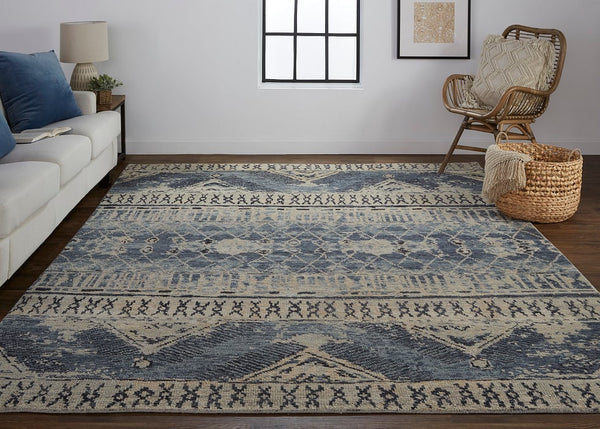 100% Wool, Hand-Knotted Beautiful Blue Geometric Rug