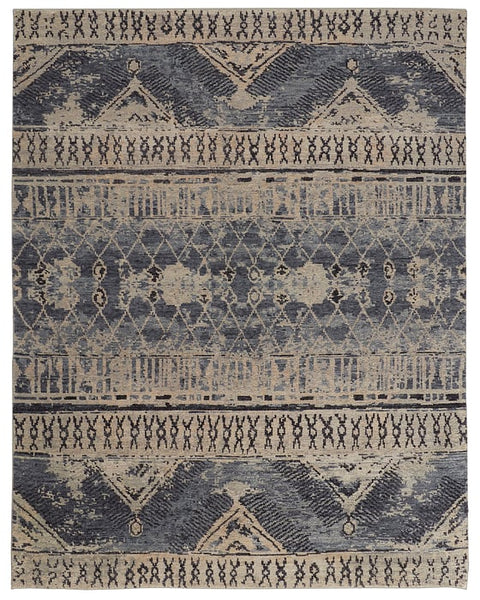 100% Wool, Hand-Knotted Beautiful Blue Geometric Rug