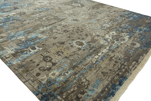 Wool and Bamboo Silk Oushak Grey and Blue